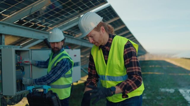 Workers install solar panels and check equipment on a sunny day at a renewable energy site