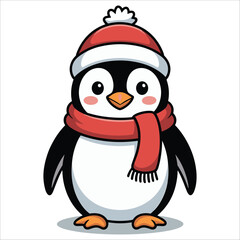 Fototapeta premium Cartoon penguin with red hat and scarf isolated on
