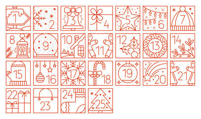 Christmas advent line vector calendar. Twenty five square festive icons such as snowflakes, wreath and bells, holly berry, stars, holiday gifts, mittens and pine tree. Traditional countdown calendar