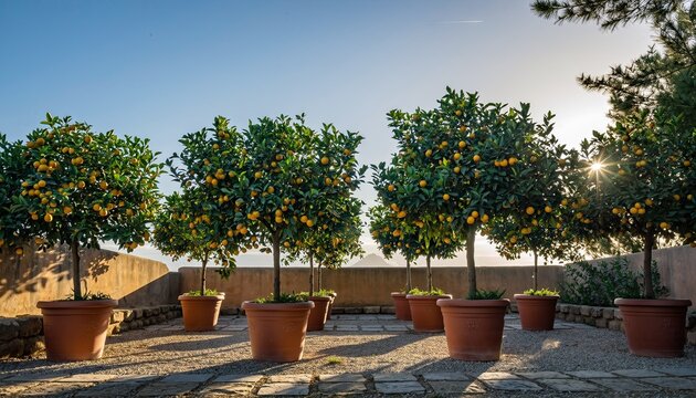 Row of potted citrus trees with ripe orange fruits bathed in warm golden sunlight casting long shadows on a stone patio with distant landscape view - Powered by Adobe