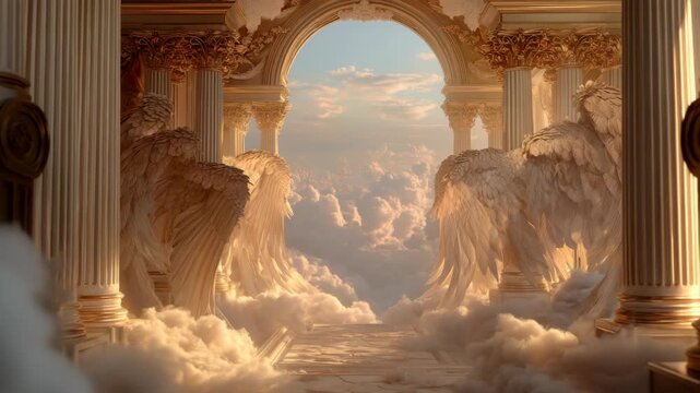 Majestic celestial archway with angel wings and golden columns in cloudscape