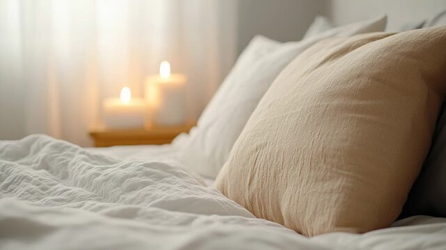 Close up of a serene and inviting bed adorned with plush linen pillows and a cozy duvet. Gentle candlelight flickers in the background, setting a tranquil and soothing atmosphere