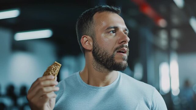 Bearded fitness enthusiast snacking on a nourishing granola bar to refuel after a workout. An active individual replenishing energy with a healthy snack post exercise