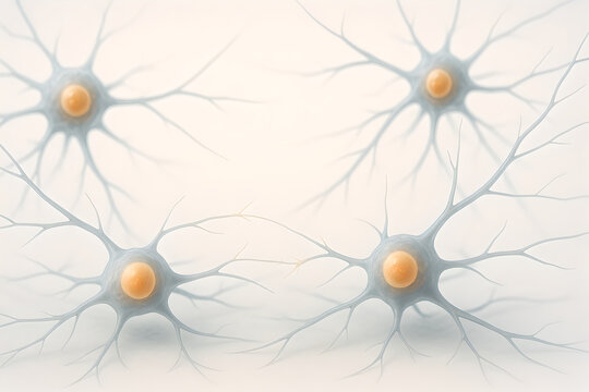 Photorealistic 3D neurite outgrowth, single neuronal cell body with prominent nucleus and nucleolus, semi-transparent cytoplasm, multiple thin neurites extending outward with growth cones at tips