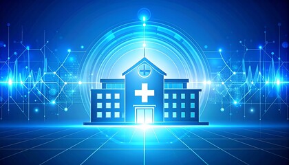 Futuristic Hospital Building with Digital Technology Integration Concept.