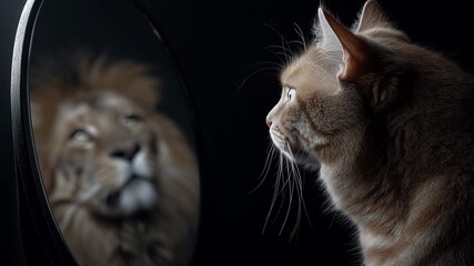 Imaginative video featuring a tiny house cat discovering a confident lion in its own reflection. Symbolizing the importance of tapping into one's inner courage and belief in oneself