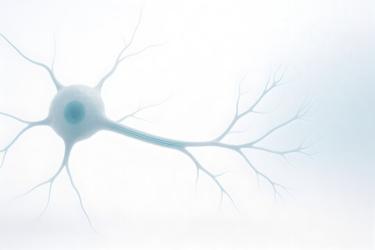 Photorealistic 3D neurite outgrowth, single neuronal cell body with prominent nucleus and nucleolus, semi-transparent cytoplasm, multiple thin neurites extending outward with growth cones at tips