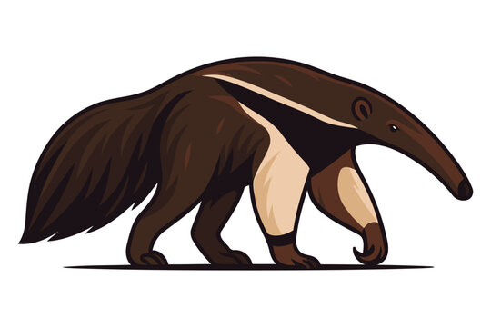 Stylized illustration of a giant anteater with its distinctive long snout and bushy tail walking on a white background