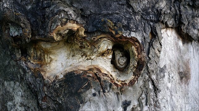 custodianship. Close-up of tree trunk with abnormal swelling and torn bark, textured botanical imperfection. gardening catalogs, home-decor guides, designed for gardening and botanical catalogs.