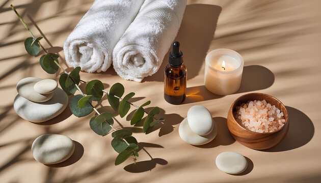 Elevate your wellness brand with this calming spa aesthetic, featuring soft towels, aromatherapy oil, natural stones, and a soothing candle for a serene experience