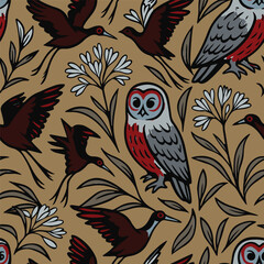 Naklejka premium Abstract tropical seamless pattern. African lily, gray owl, jacanas tropical plants. Modern exotic design for paper and fabric. Vector illustration.