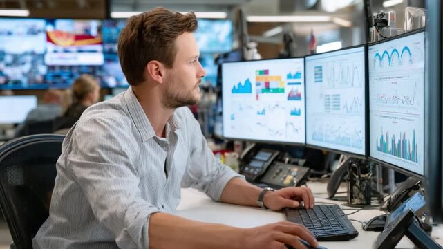 Business Analyst at Work: A focused analyst immersed in data, navigating complex financial metrics on multiple screens in a modern office environment. 