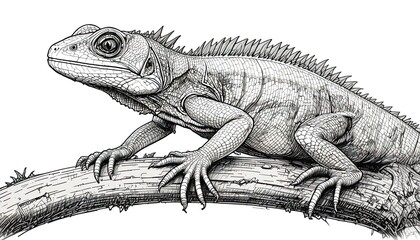 Detailed iguana drawing on branch, showcasing intricate scales and textures for educational or artistic projects, perfect for wildlife enthusiasts