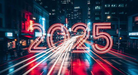 City street at night with light trails and neon year two thousand twenty five