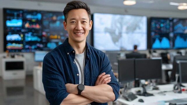 Confident Tech Professional in Modern Office: A poised individual, radiating competence, poses in a high-tech setting. The scene captures the essence of expertise and technological sophistication.