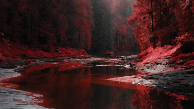 黒い入江と太い蛇行河が走る真紅の森を地図のような対比で表現