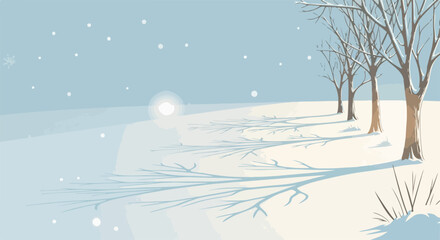 Winter scene showcases snow covered land and bare trees under a soft, muted sky. Captivating winter scene reveals bare tree branches casting long shadows across snow.