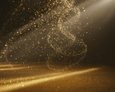 Ethereal golden particles and light beams illuminate a textured surface creating a mystical and abstract atmospheric scene