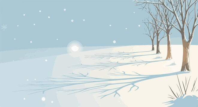 Winter scene showcases snow covered land and bare trees under a soft, muted sky. Captivating winter scene reveals bare tree branches casting long shadows across snow.