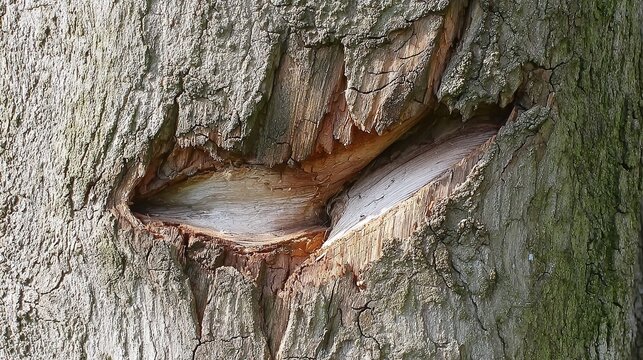 custodianship. Close-up of tree trunk with abnormal swelling and torn bark, textured botanical imperfection. gardening catalogs, home-decor guides, designed for gardening and botanical catalogs.