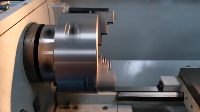 CNC turning drill milling factory processes steel turbine part process. Metal machine tools industry.