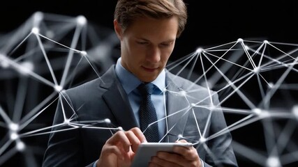 Innovative Insights: A focused individual in a professional suit intently reviews data and digital information on a tablet. Interwoven with intricate graphic structures. - Powered by Adobe