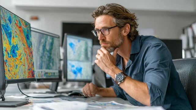 Analytical Focus: A dedicated professional immersed in data analysis, thoughtfully studying complex information displayed on multiple screens, indicating focused concentration and expertise.