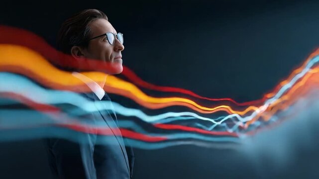 Visionary Contemplation: An elegant individual, adorned in spectacles, gazes into the future. A flowing network of digital light streaks, symbolizing insight and progress, dance around him.