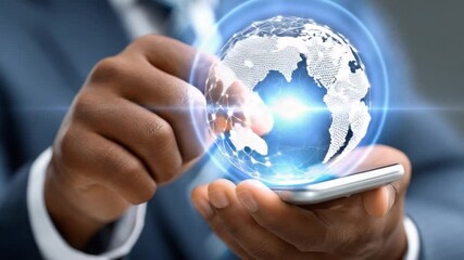 Global Connectivity: A close-up shot features a person in a professional suit holding a mobile device. a holographic globe superimposed on the phone display. - Powered by Adobe