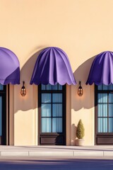 Fototapeta premium Three purple awnings over a beige wall with windows, lanterns, and a potted plant in a calm storefront scene