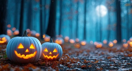 halloween background with a scary graveyard, illuminated jack-o'-lanterns, and a misty forest in a blue-green color scheme