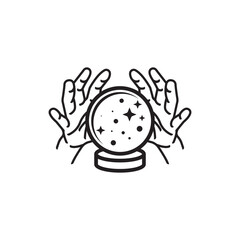 Magic crystal ball future. Witch and magic symbol, monochrome vector illustration, isolated on white background