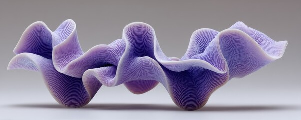 Abstract purple 3D printed ribbon sculpture with flowing waveforms on a white background
