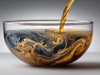 Luminescent currents of swirling liquid forming hypnotic marbled patterns inside a glass bowl as golden fluid pours in, creating dynamic abstract motion