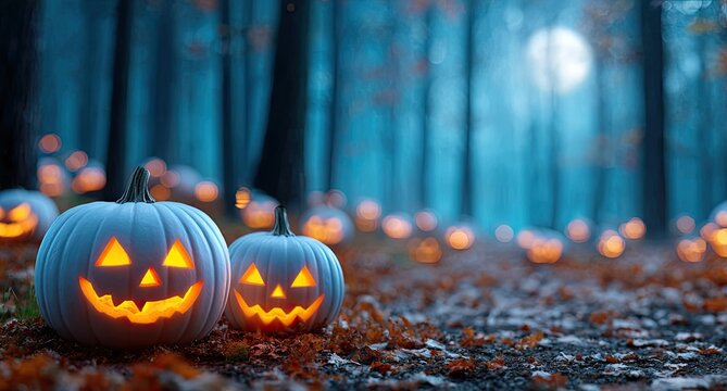 halloween background with a scary graveyard, illuminated jack-o'-lanterns, and a misty forest in a blue-green color scheme - Powered by Adobe