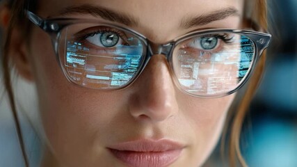 Vision of Innovation: A close-up shot of a visionary, her clear-framed glasses reflecting a complex digital interface. The shot showcases her gaze, focused on data and information.  - Powered by Adobe