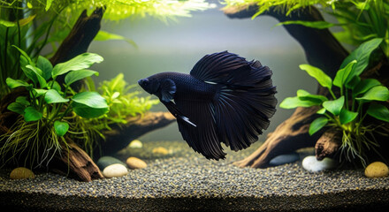 Majestic Black Betta Fish in a Tranquil Aquarium Environment Showcasing Elegance and Graceful Movement Through Aquatic Space