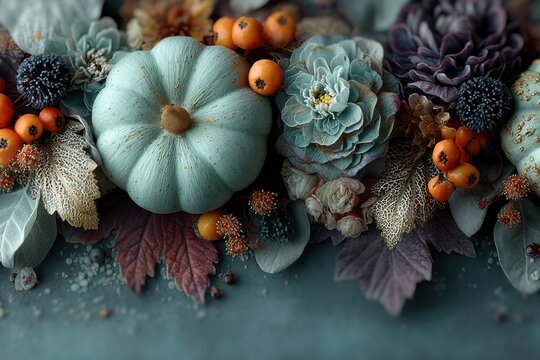 Turquoise pumpkins and blue vases with autumn flowers and berries in a still life arrangement