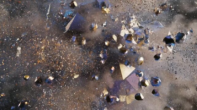 Debris Cascade: Witness the awe-inspiring instant of implosion, a dynamic scene of fragmentation and chaos as remnants of structure and material, scattered in the moment of destruction.