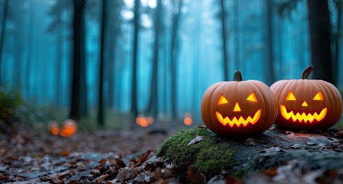 halloween background with a scary graveyard, illuminated jack-o'-lanterns, and a misty forest in a blue-green color scheme