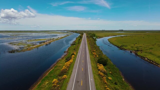 Aerial View of Highway Between Lagoons in Chuy, Rio Grande do Sul, Brazil