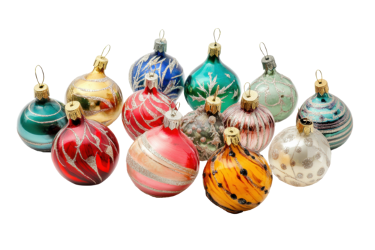 Festive Ornaments: A cluster of vibrantly colored, spherical glass ornaments, each adorned with unique patterns. The photo captures a nostalgic and decorative ambiance.