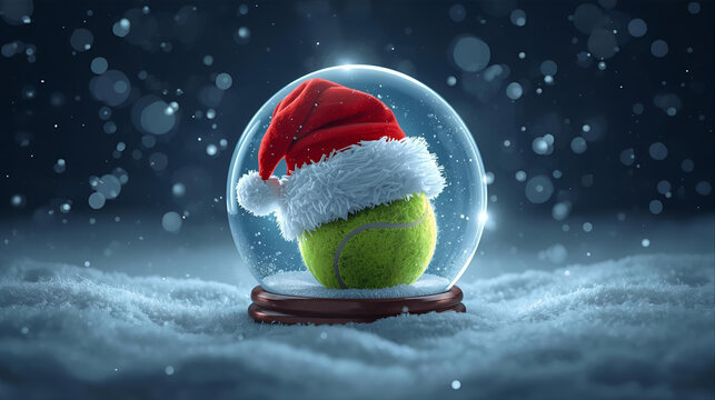 tennis ball with a red christmas santa hat in a snow globe in the snow at night for new year ai