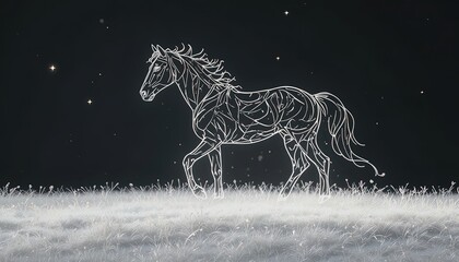 Elegant white horse illustration galloping across a dreamy meadow under a starry night sky for magical designs and fantasy creations