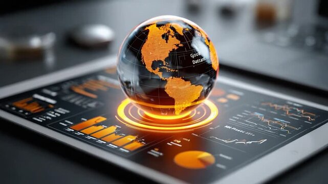 Global Digital Transformation: A glowing globe sits atop a tablet displaying intricate digital data and graphics, a visual embodiment of innovation, technology, and global connectivity. - Powered by Adobe