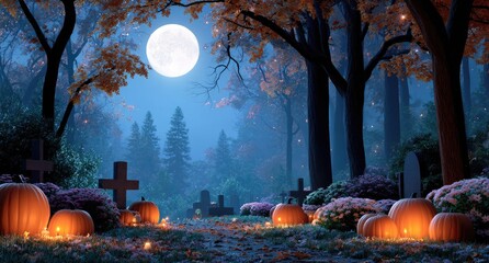 halloween background with a scary graveyard, illuminated jack-o'-lanterns, and a misty forest in a blue-green color scheme