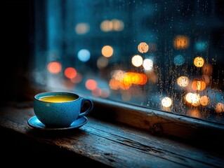 A quiet cup of warm tea resting on a worn windowsill as rain softens the city lights outside, creating a dreamy moment of nighttime calm and reflection