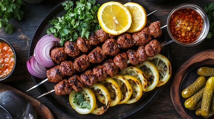 Chapli kebab meal with onion rings, lemon wedges, and pickles