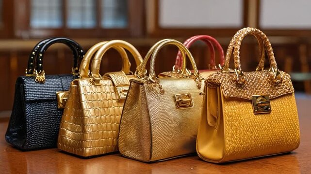 Elegant Handbag Collection: A stunning array of luxurious handbags, each with a unique design, sit on a polished wooden surface, reflecting light and exuding sophistication.