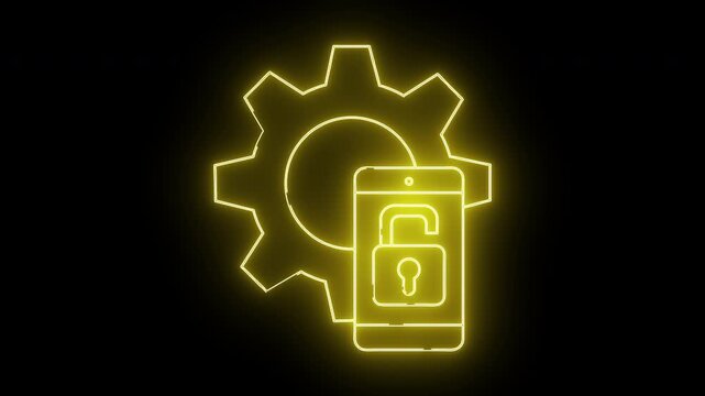 Yellow neon like gear and phone outline with an open padlock on a black background